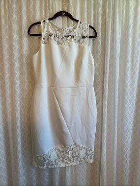 #890 Calvin Klein Ivory Lace-Trim Midi Sheath Dress